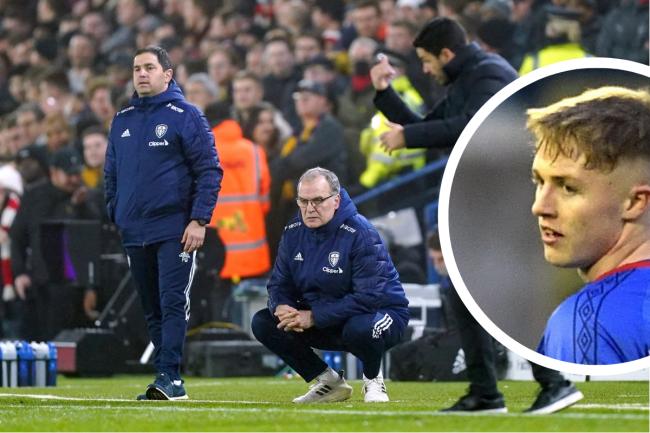 Liam McCarron, inset, came off the bench in the Leeds-Arsenal game (photos: PA/Barbara Abbott)