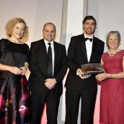 The in-cumbria Business Awards 2019, at The Halston, Carlisle, 14 November 2019...Best Innovation Award..Guest speaker and compere Cathy Newman, left, and award sponsor representative, Neil Doherty of BAE Systems, second left, with winners Activf-ET