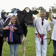 Penrith Agricultural Show 2019, at Brougham Hall Farm, near Penrith, 20 July 2019...Pictured are John Harrison, from Crossrigg Farm, Cliburn, and children Molly, aged 12, and Thomas aged 13, with their Holstien which took show Champion of Champions and
