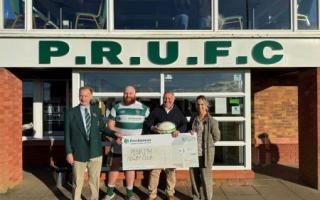 Penrith RUFC President David Snaith with joint 1st team Captain Adam Howe, Anthony Mansfield, Persimmon MD and Councillor Virginia Taylor
